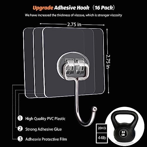 Heavy-Duty Transparent Adhesive Wall Hooks for Home Use - 16-Piece
