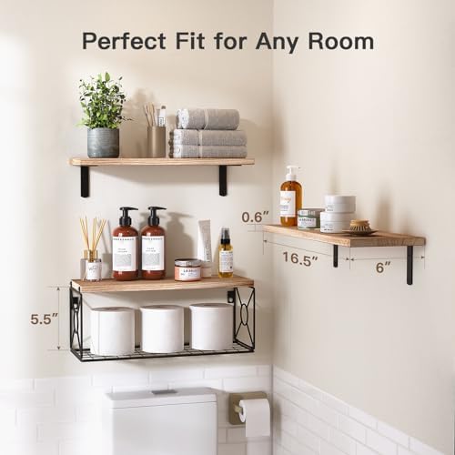 Floating wood shelves with storage basket