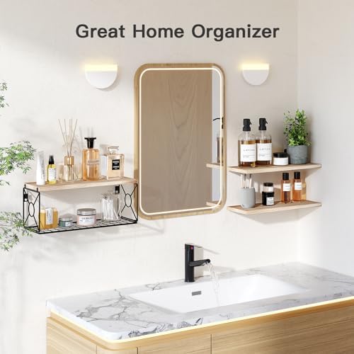 Floating wood shelves with storage basket