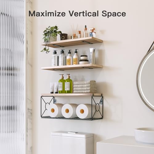 Floating wood shelves with storage basket