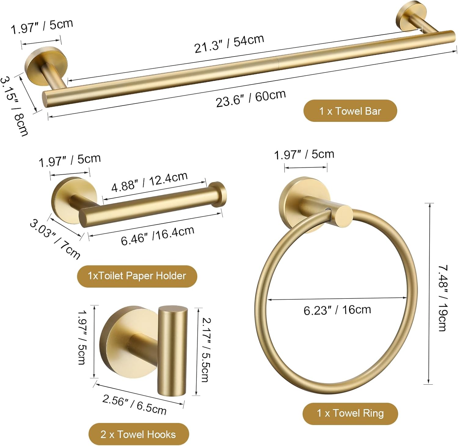 TURS Brushed Gold Bath Towel Bar Set