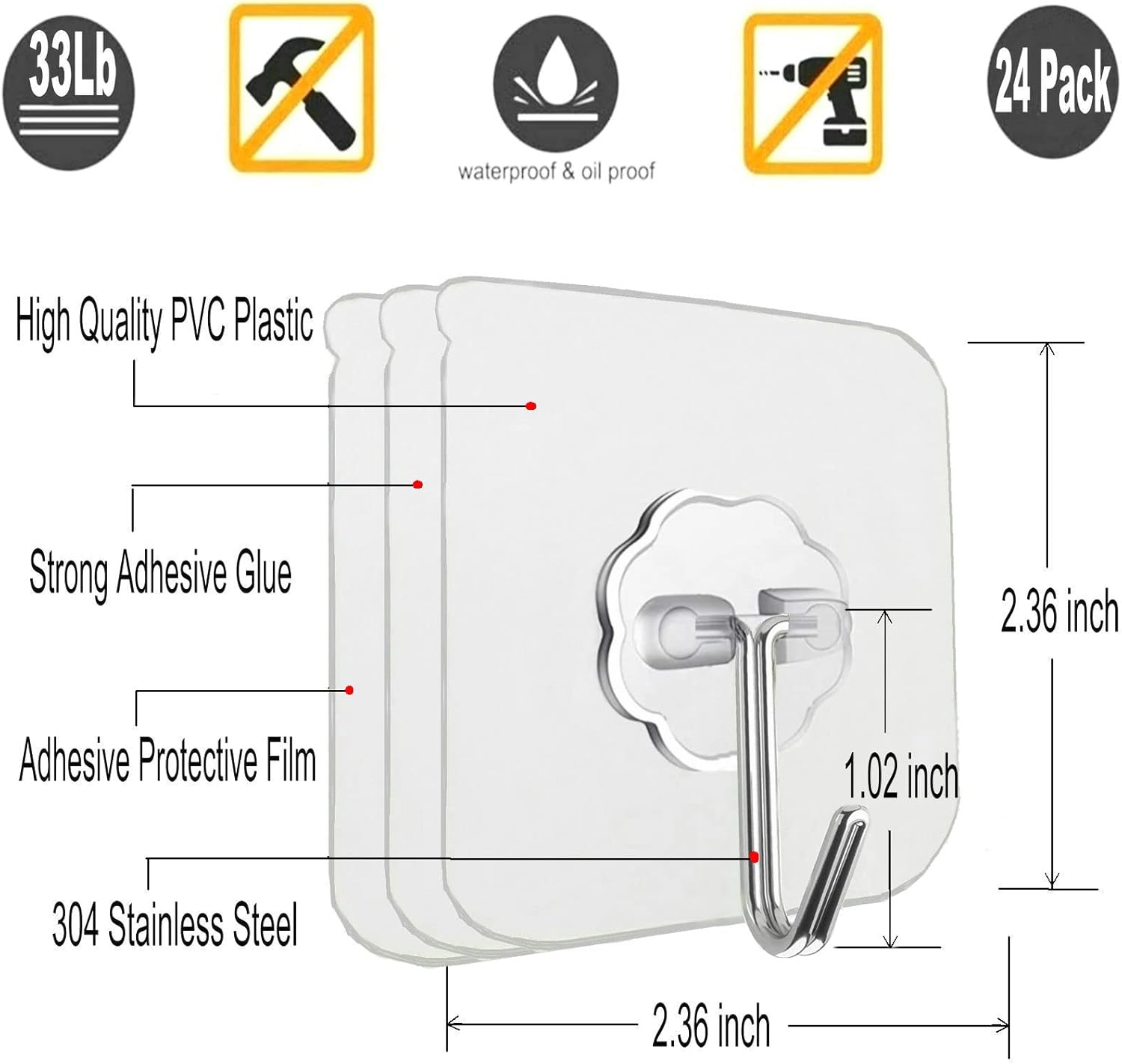 Adhesive Wall Hooks 22lb Max Transparent Reusable Anti-Skid Traceless Heavy Duty