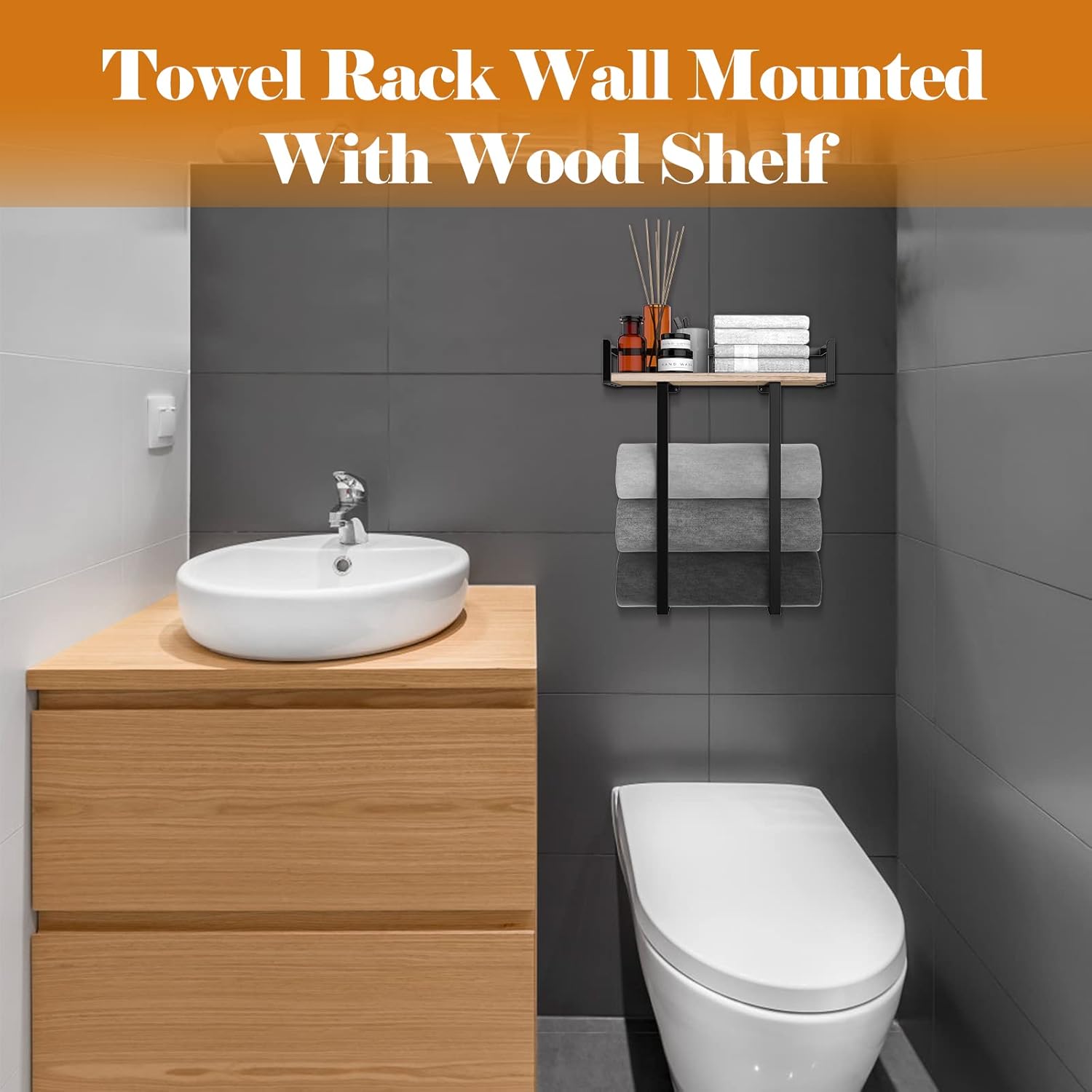 Sturdy Metal Towel Holder with Wooden Shelf for Folding Towels