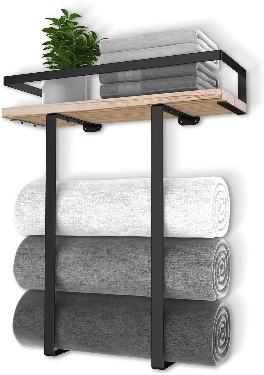 Sturdy Metal Towel Holder with Wooden Shelf for Folding Towels