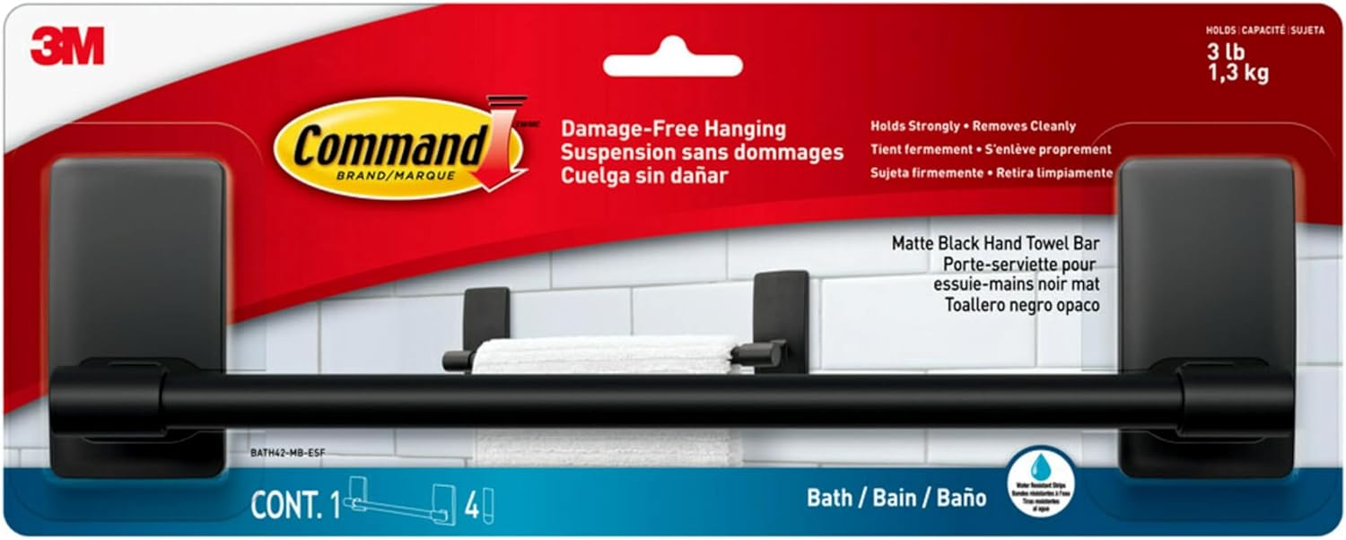 Command Hand Towel Bar Durable Bathroom Fixture 9 in Bar Length