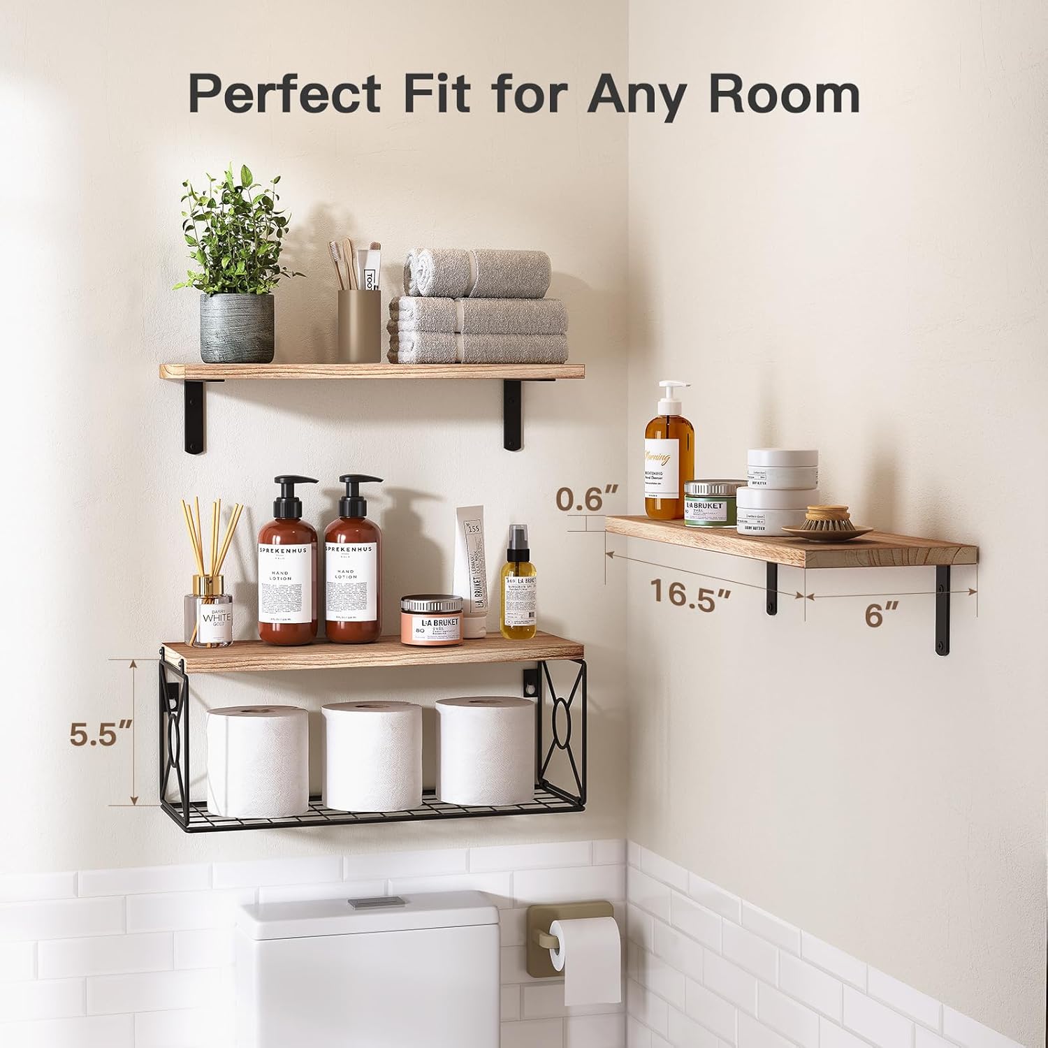 Floating wood shelves with storage basket