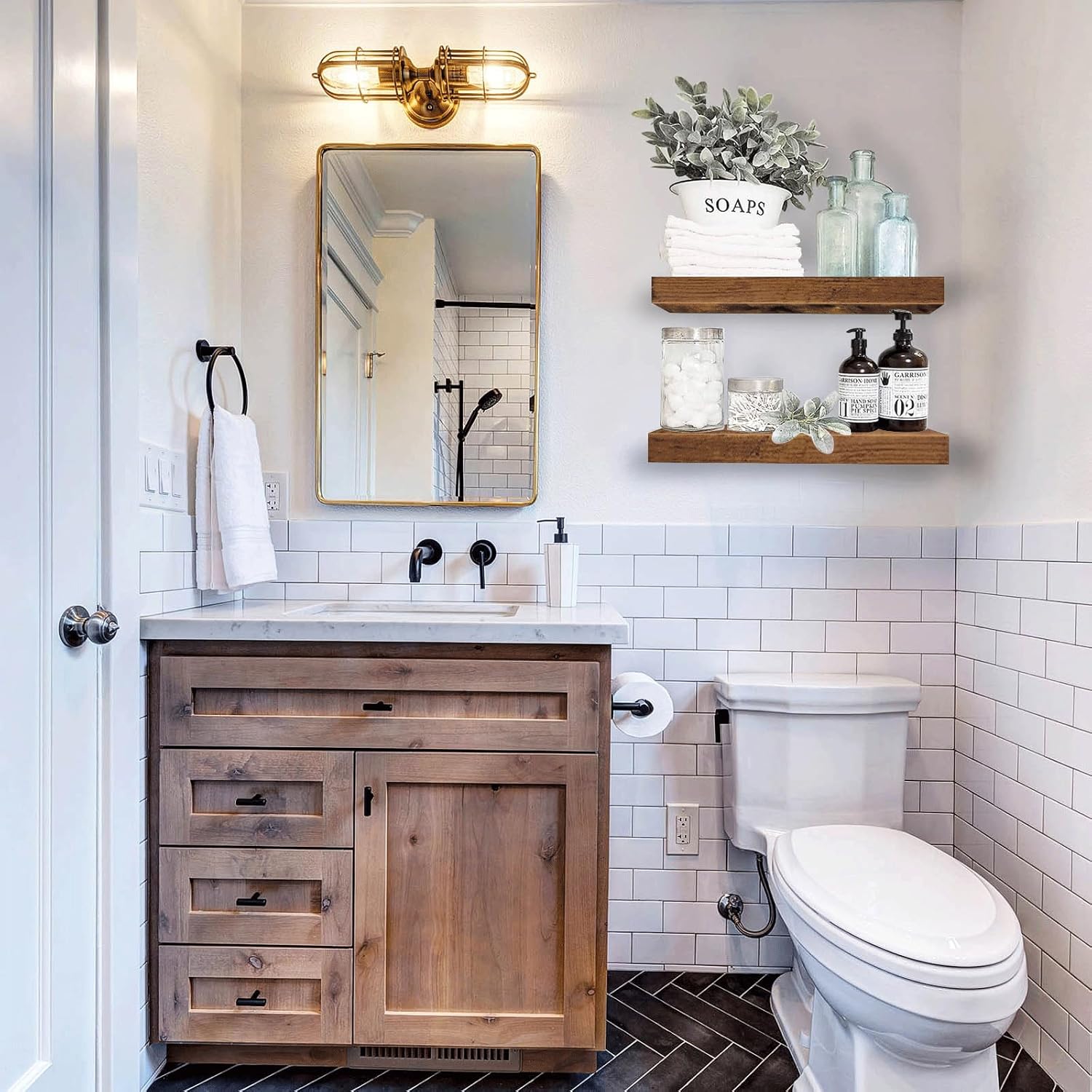 Wall-Mounted Floating Shelves for Bathroom Rustic Brown Set of 2