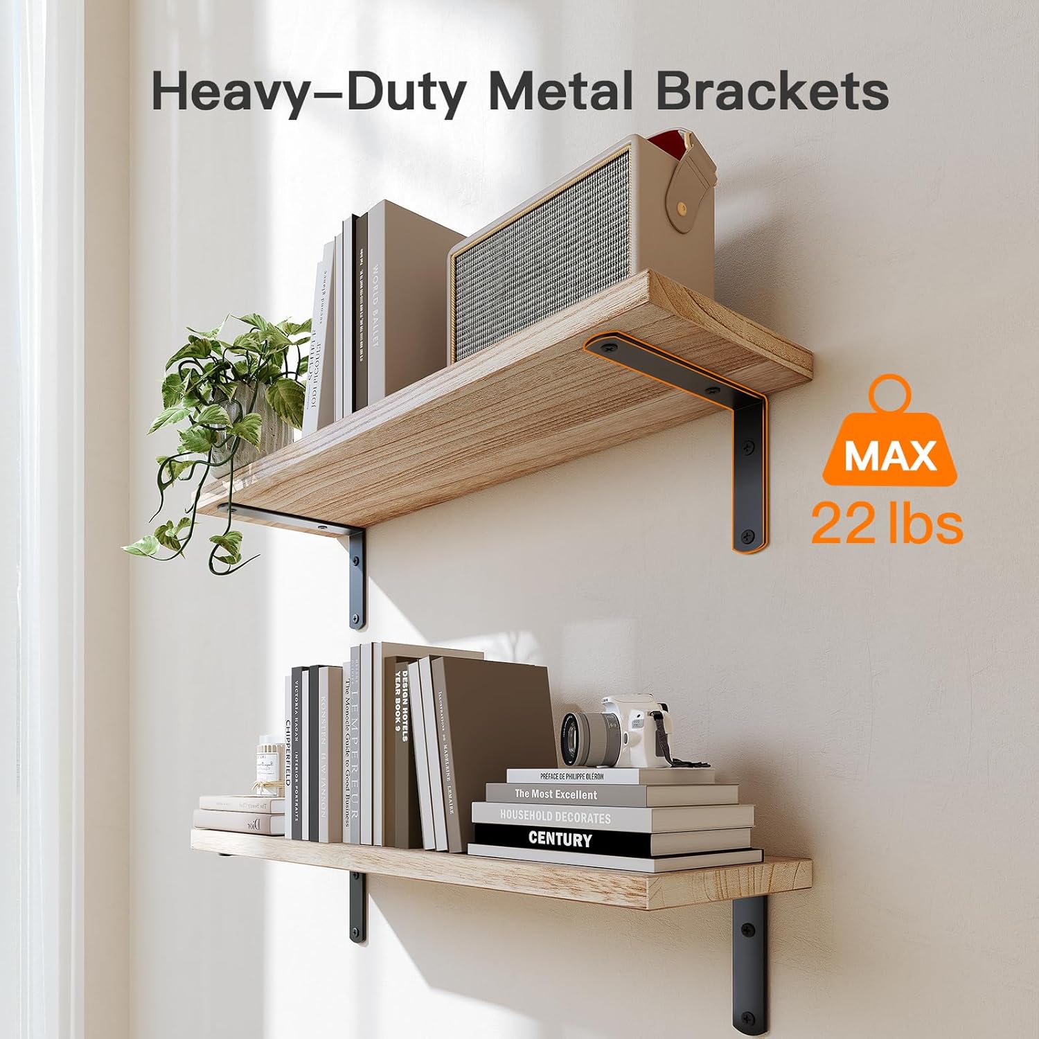 Floating wood shelves with storage basket