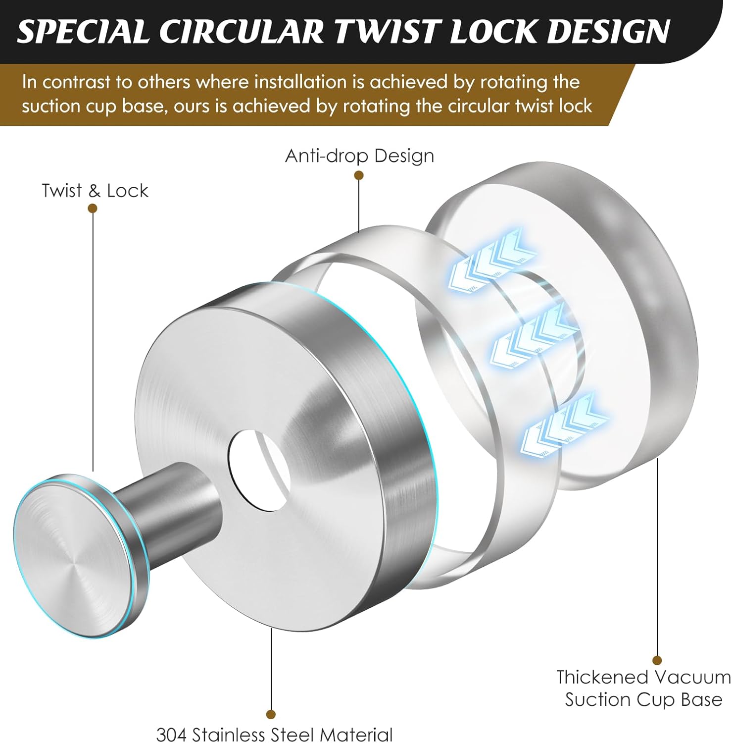 MOTAIPEAK Suction Cup Shower Hooks 2PK Silver