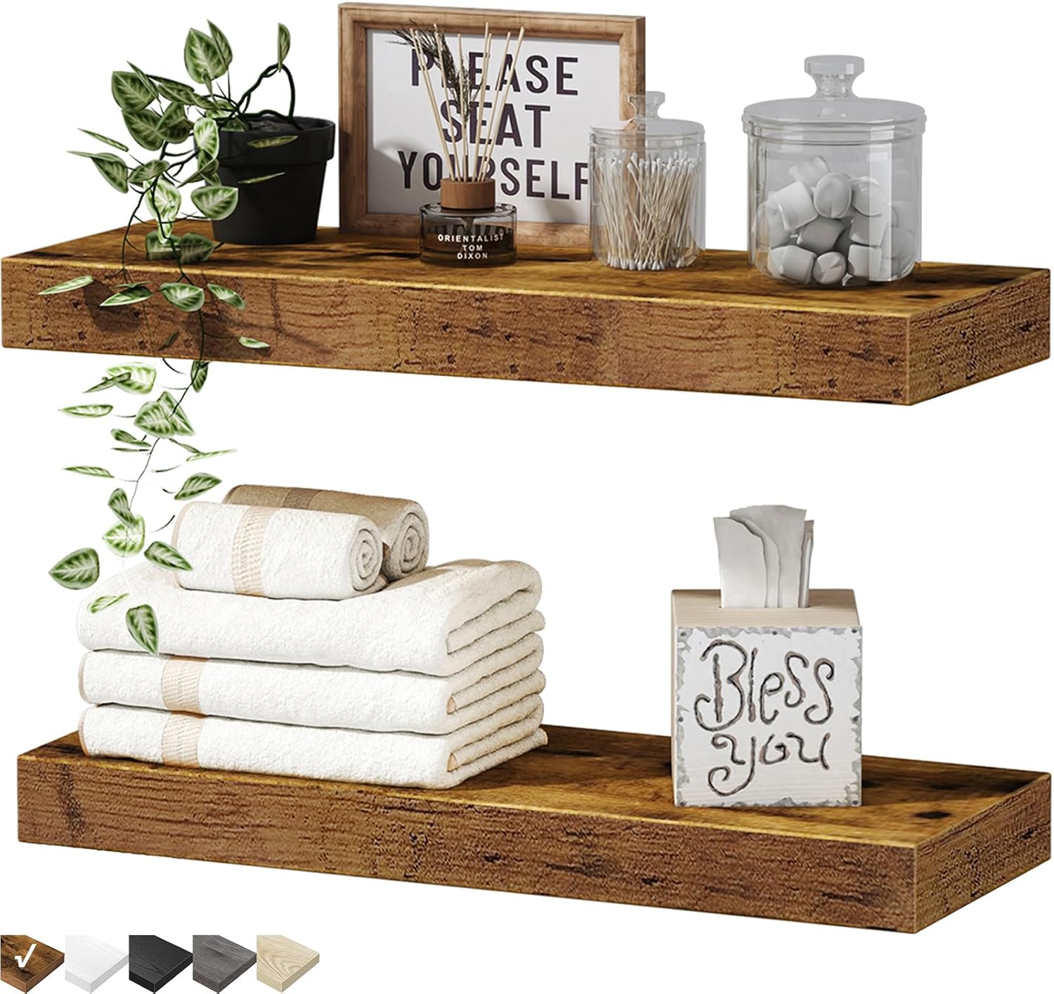 Wall-Mounted Floating Shelves for Bathroom Rustic Brown Set of 2