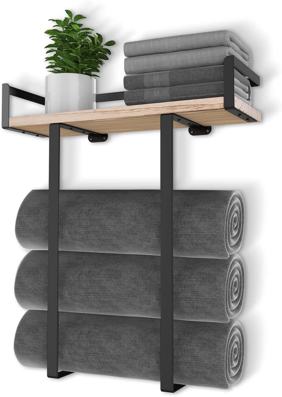 Sturdy Metal Towel Holder with Wooden Shelf for Folding Towels