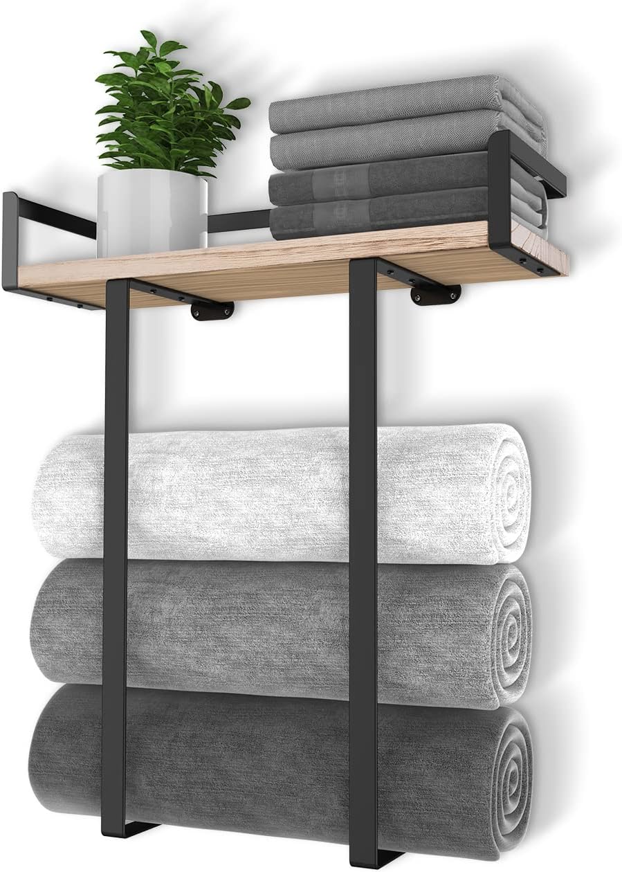Sturdy Metal Towel Holder with Wooden Shelf for Folding Towels