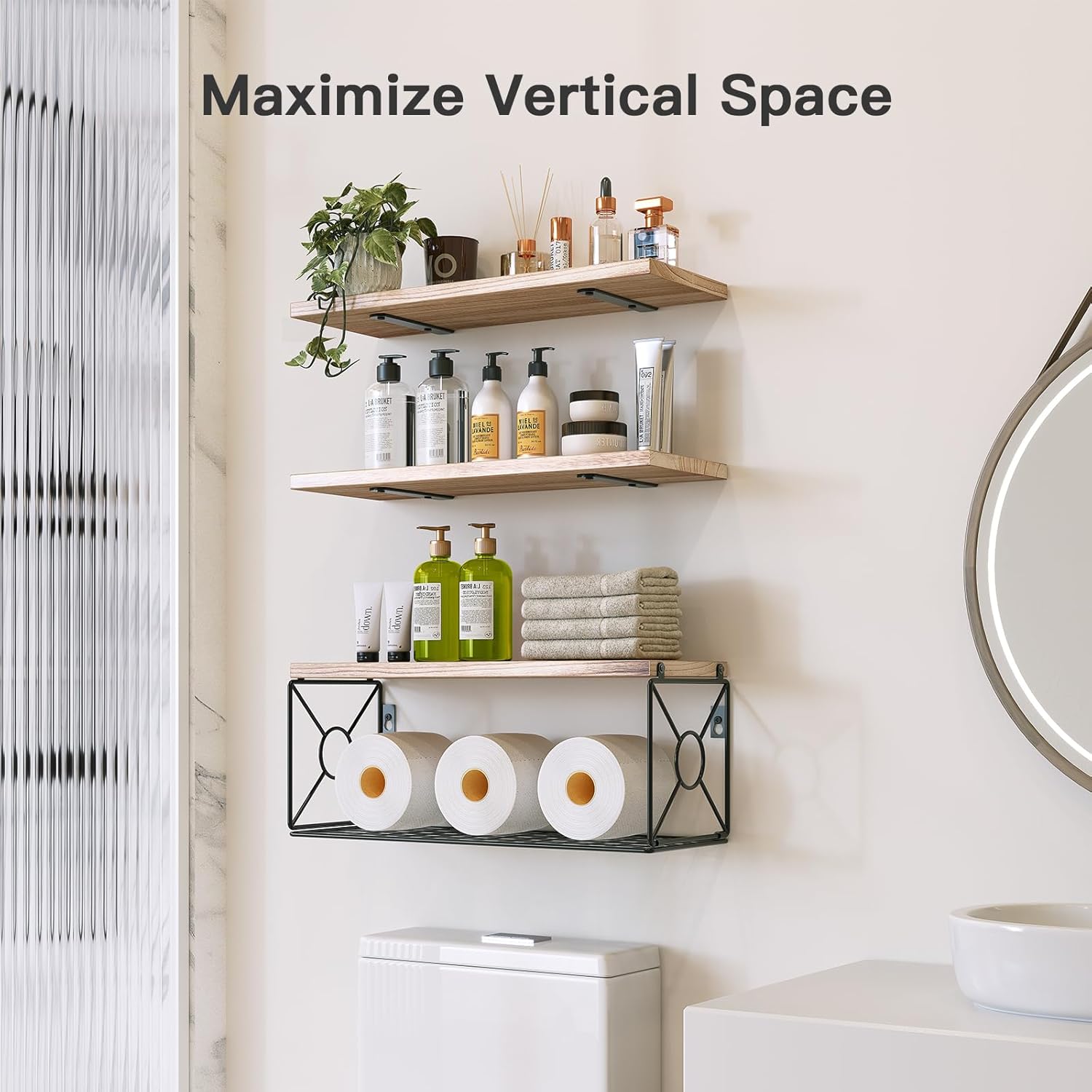 Floating wood shelves with storage basket