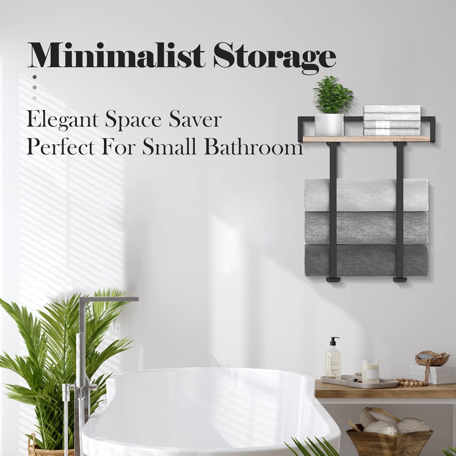 Sturdy Metal Towel Holder with Wooden Shelf for Folding Towels