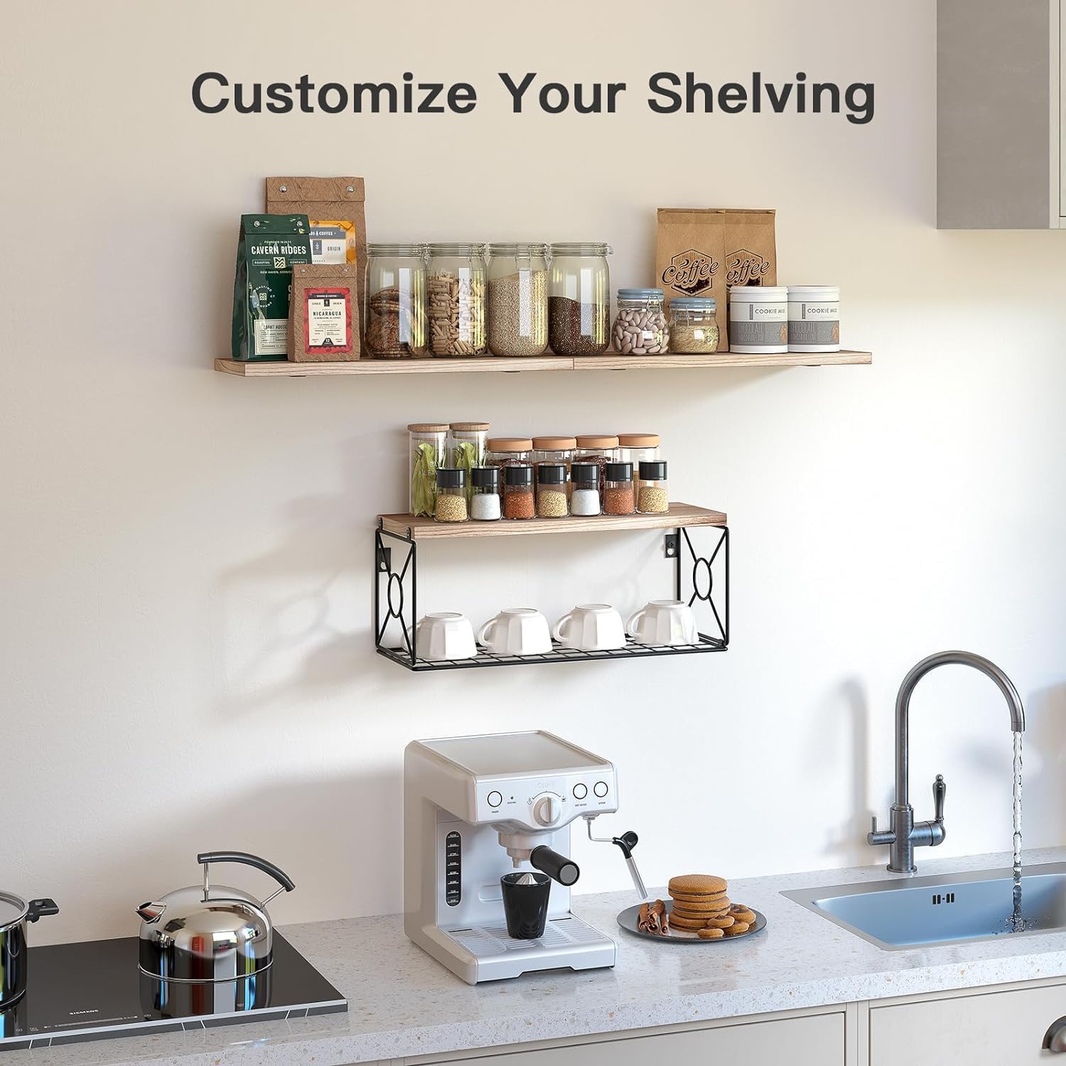 Floating wood shelves with storage basket