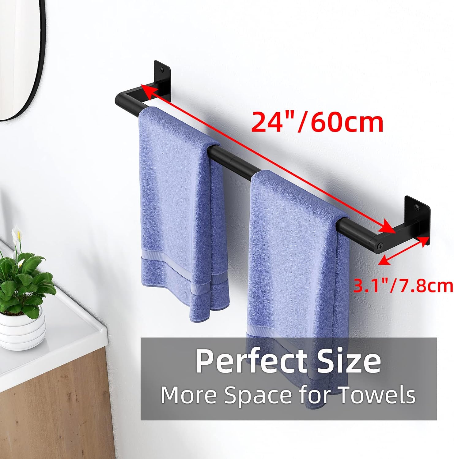 Heavy Duty 24-Inch Matte Black Towel Bar for Bathrooms