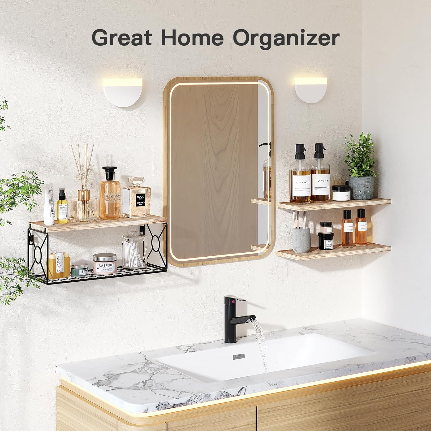 Floating wood shelves with storage basket