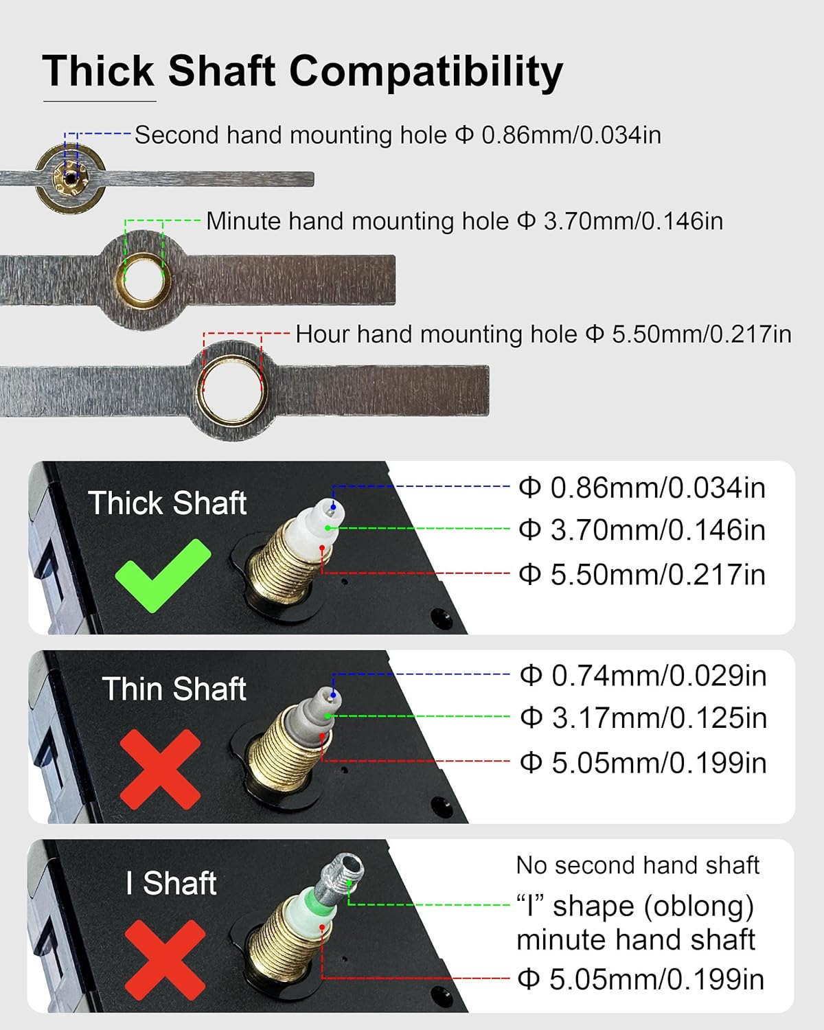 Silver Replacement Clock Hands Kit for Thick Shaft Mechanisms 8 Set