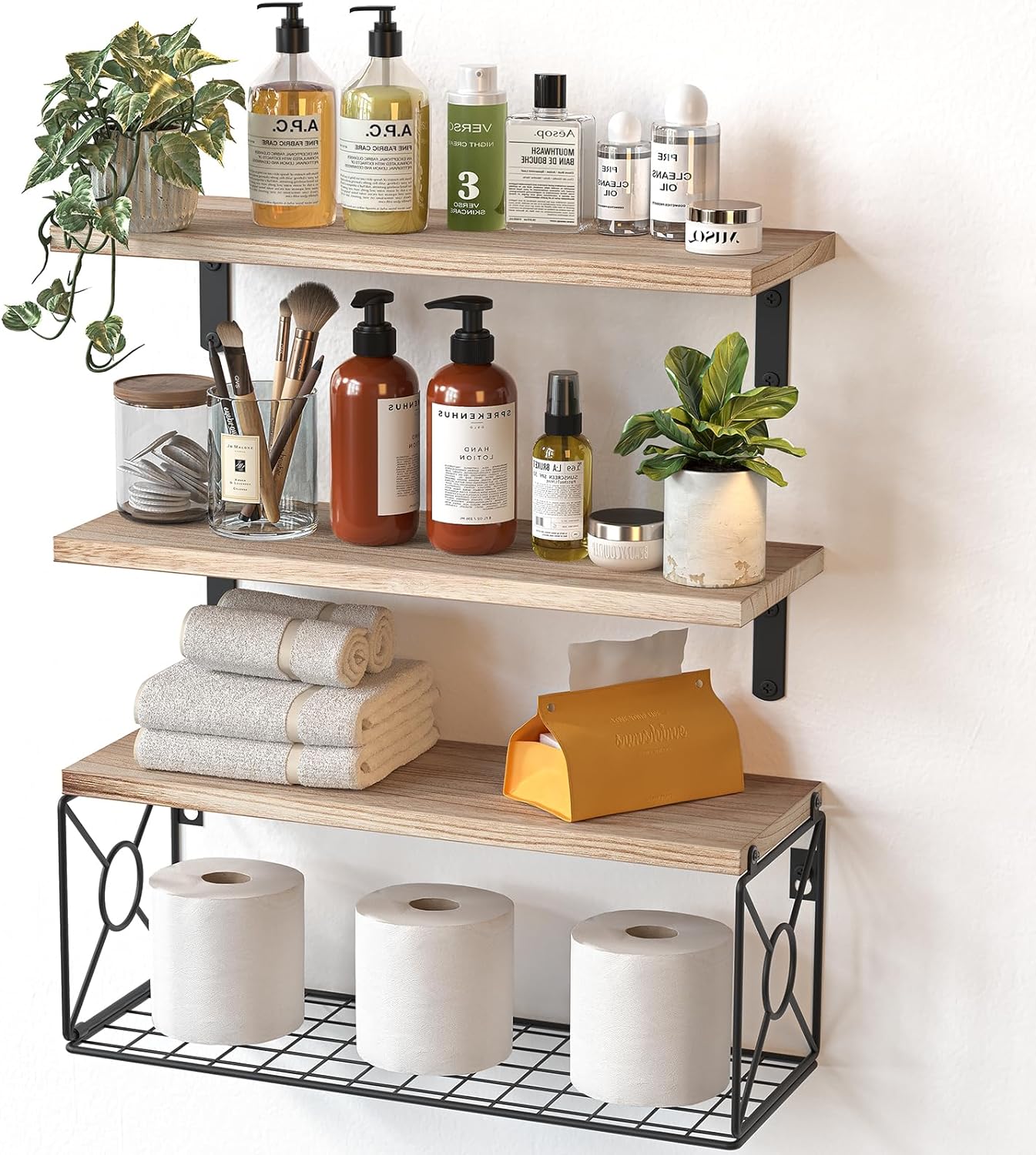 Floating wood shelves with storage basket