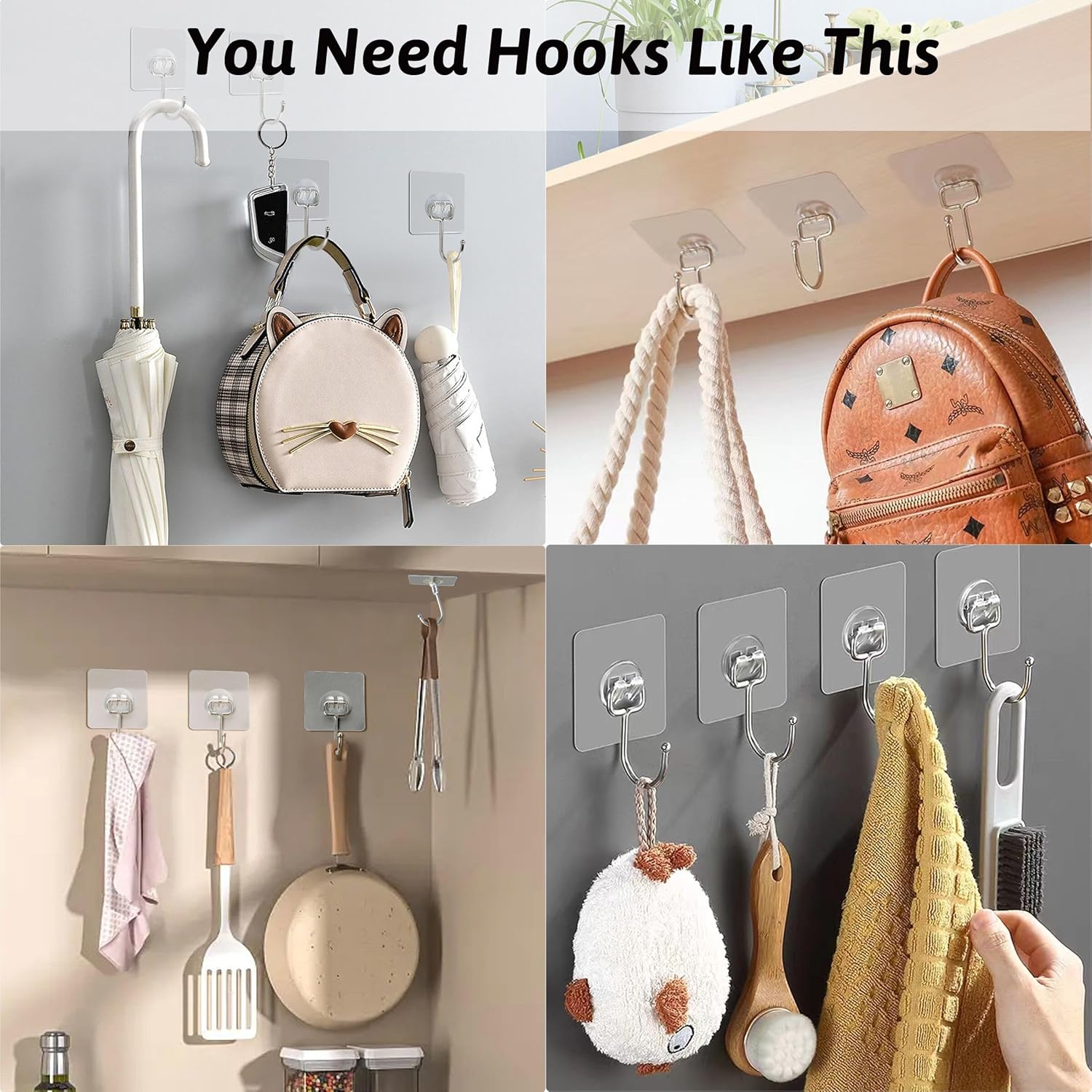 Heavy-Duty Transparent Adhesive Wall Hooks for Home Use - 16-Piece